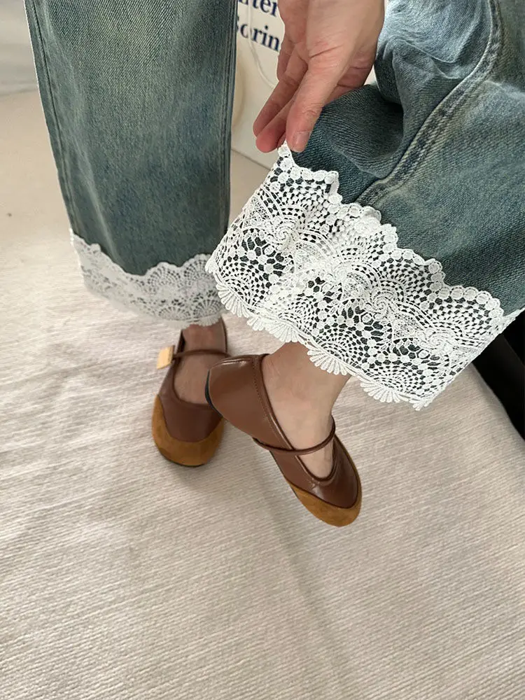 Jeans Lace Splicing High Waist Large Size Retro Straight Women'S Spring And Summer Design Loose Wide Leg Nine-Point Pants Trendy