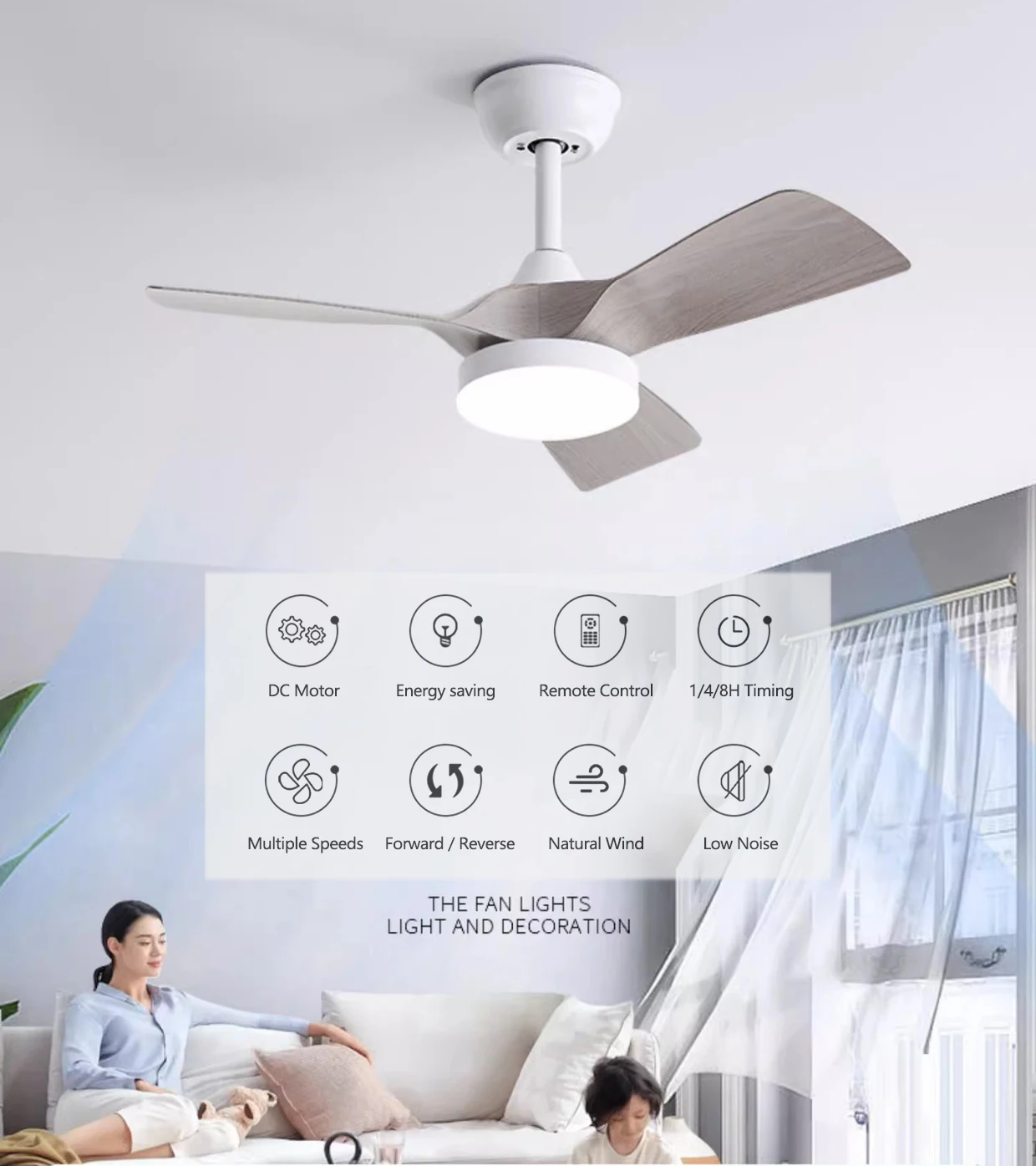 32 Inch 3 Blade Ceiling fan with 24W LED light and Remote Control Lamps for bedroom Dining room, living room, balcony