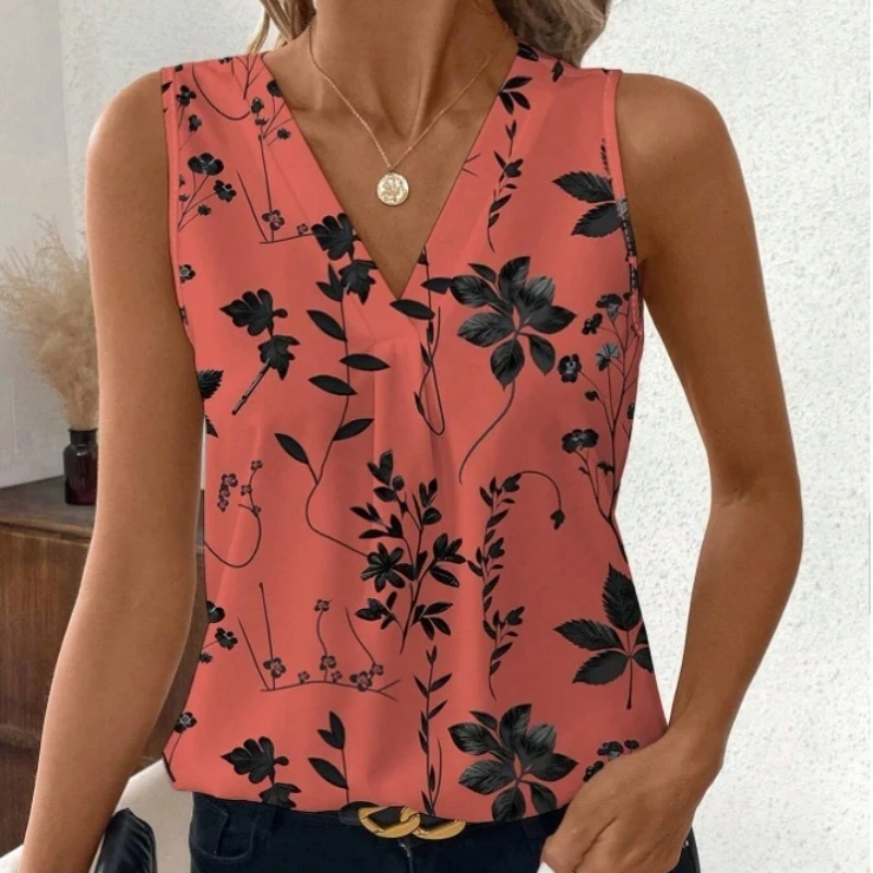 

2025 Summer Women's Sleeveless V-Neck Floral Print Tank Top Casual Loose Blouse Beach Vest Trendy Summer Sleeveless Vest T-Shirt