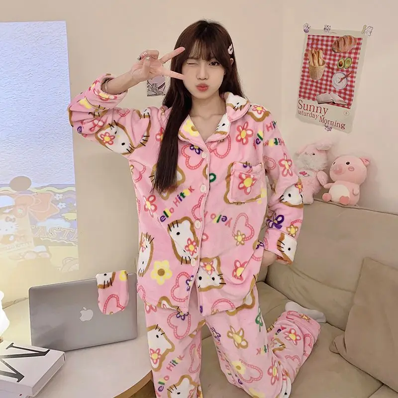 New Sanrio Hello Kitty Pajamas Kawaii Winter Women Sleepwear Fashion Cute Loungewear Cartoon Cat Warm Home Suit Y2k Nightgowns