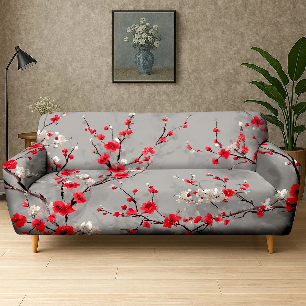1pc Watercolor Red Plum Blossom Print Stretch Sofa Cover, Asian Floral Cherry Blossom Couch Slipcover for Home Decor