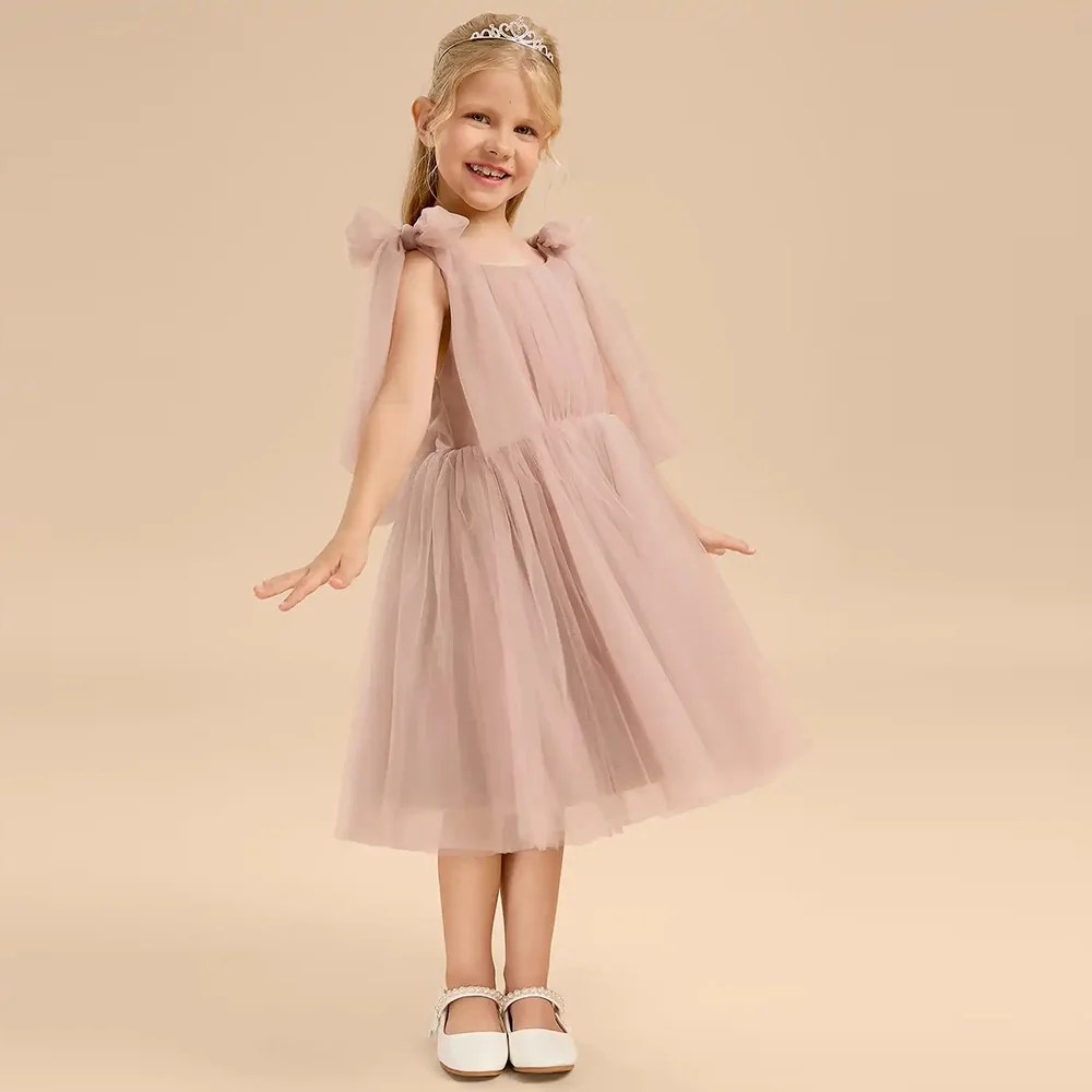 Customized Dusty Pink Tulle Flower Girl Dresses With Bow A-Line First Communion Dress Princess Birthday Party Gowns