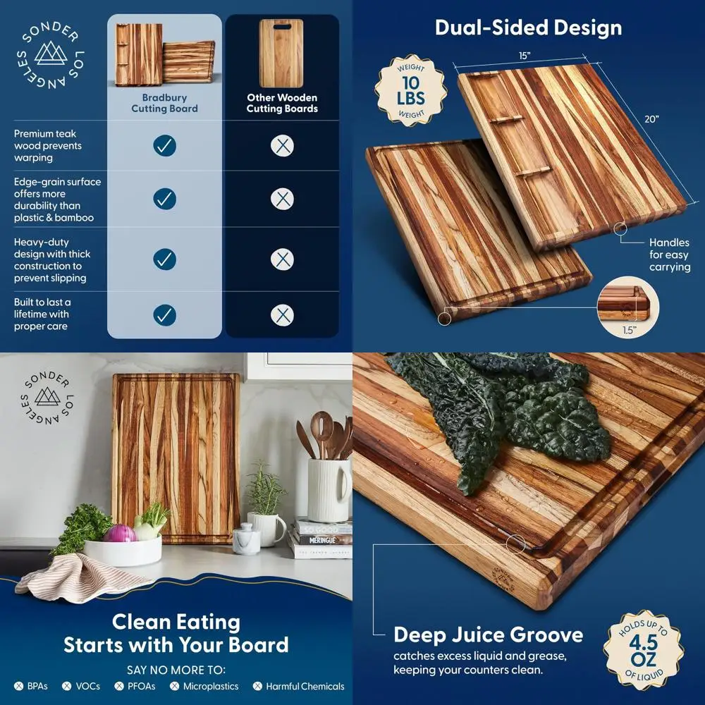 

Кухонная разделочная доска из толстого тикового дерева с канавкой для сока, сортировочными отделениями, доска для сыра для посуды - 20x15x1,5 дюймов, подарок