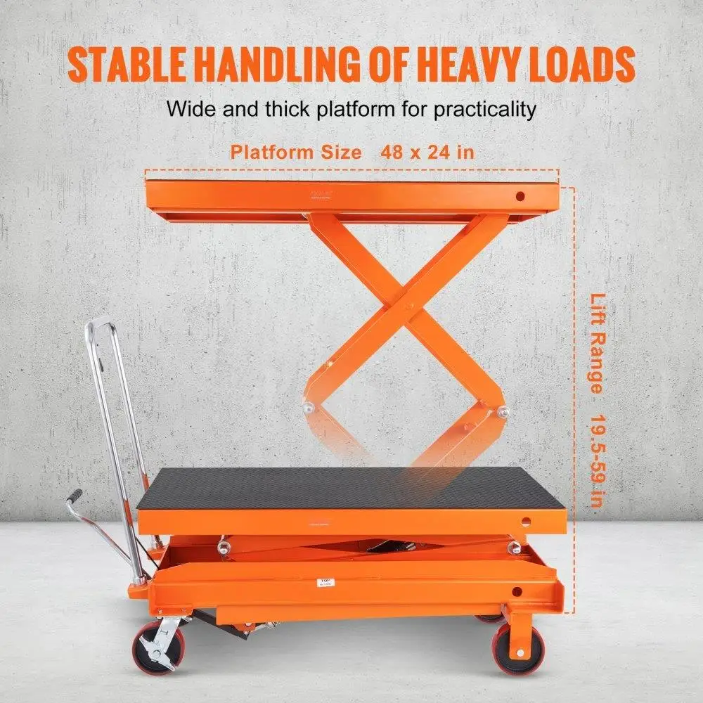 1760lbs Capacity Hydraulic Lift Table Cart, Manual Double Scissor Lift with 59'' Height, 4 Wheels & Non-Slip Pad for Easy for