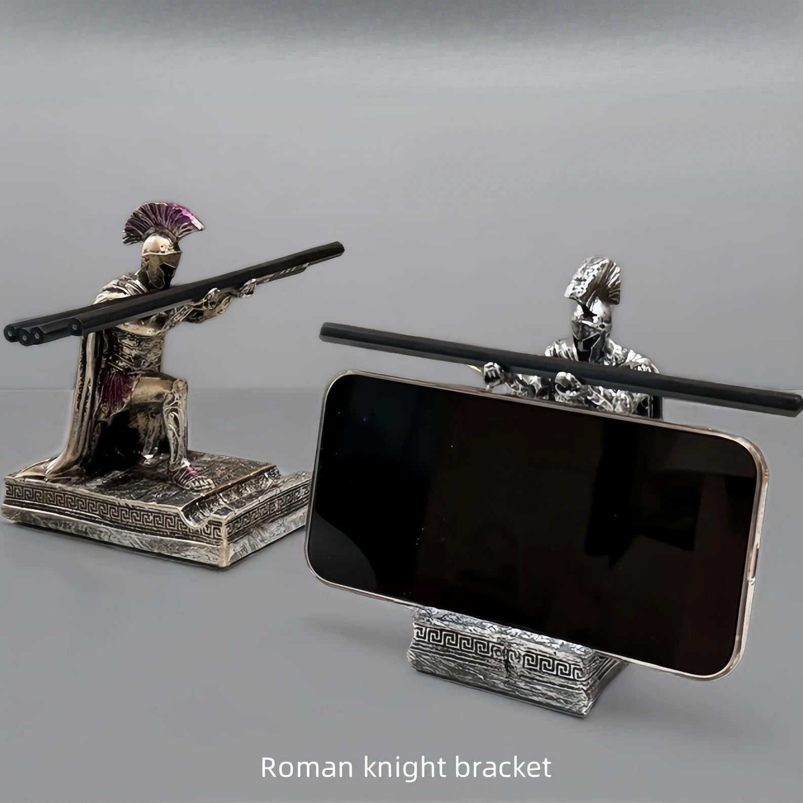 Executive Knight Pen Holder Mobile Phone Holder with Helmet Bronze Armor Roman Knight Kneeling Pen Holder