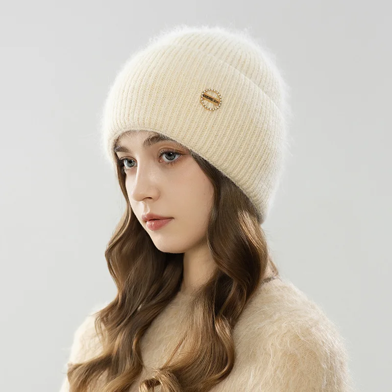 Winter Hat Angora Women Knit Fleece Lining Rhinestone Warm Accessory For Skiing Autumn Outdoor Sports Cycling