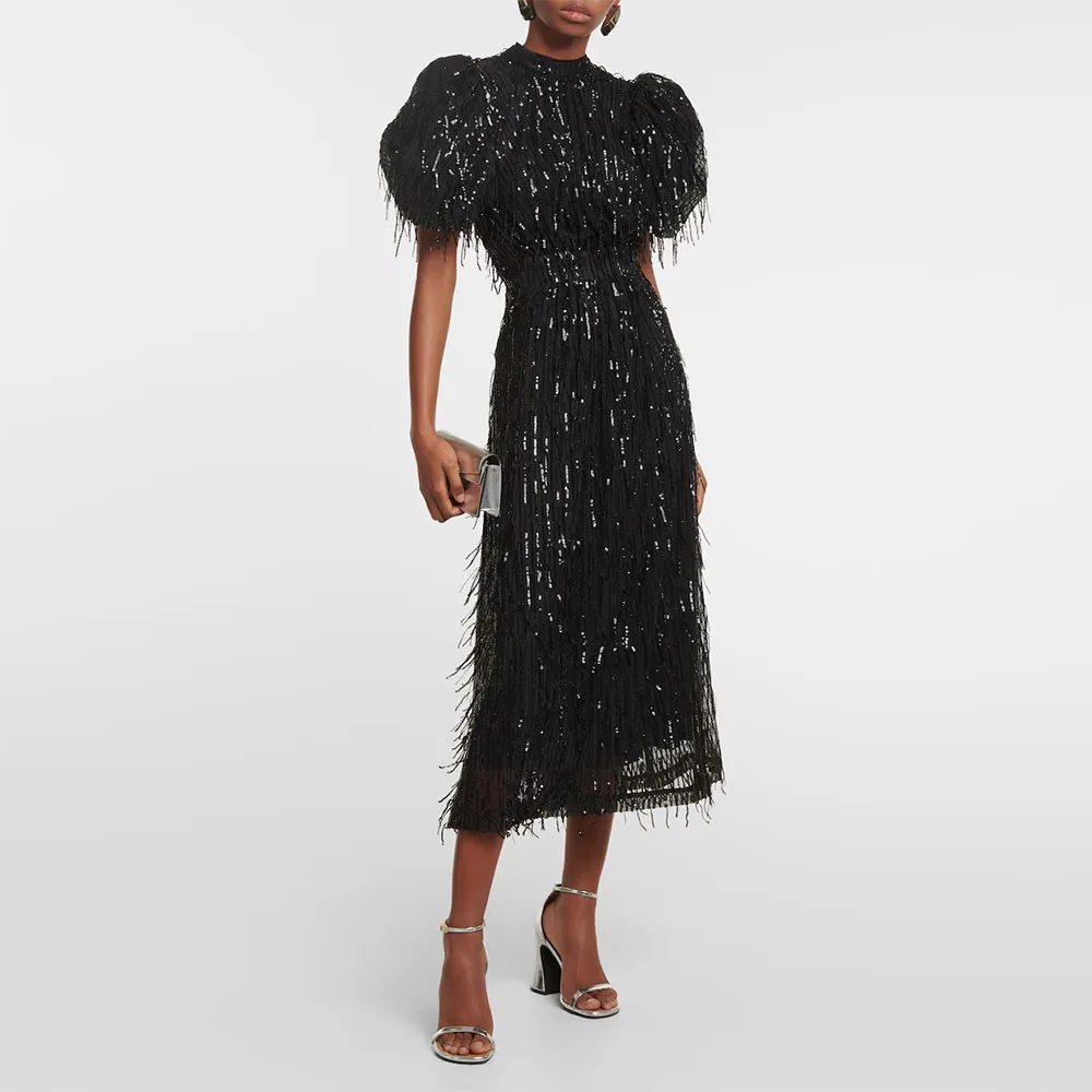 Modern Custom Women's Evening Gown Mermaid Tea Length Formal Party Dress O Neck Saudi Dress Short Puff Sleeves Prom Dress