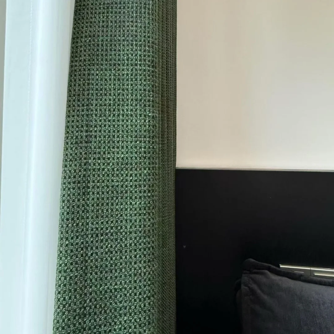 Dark Green Woven Linen Texture Curtain, Minimalist Textured Light Filtering Window Drapes