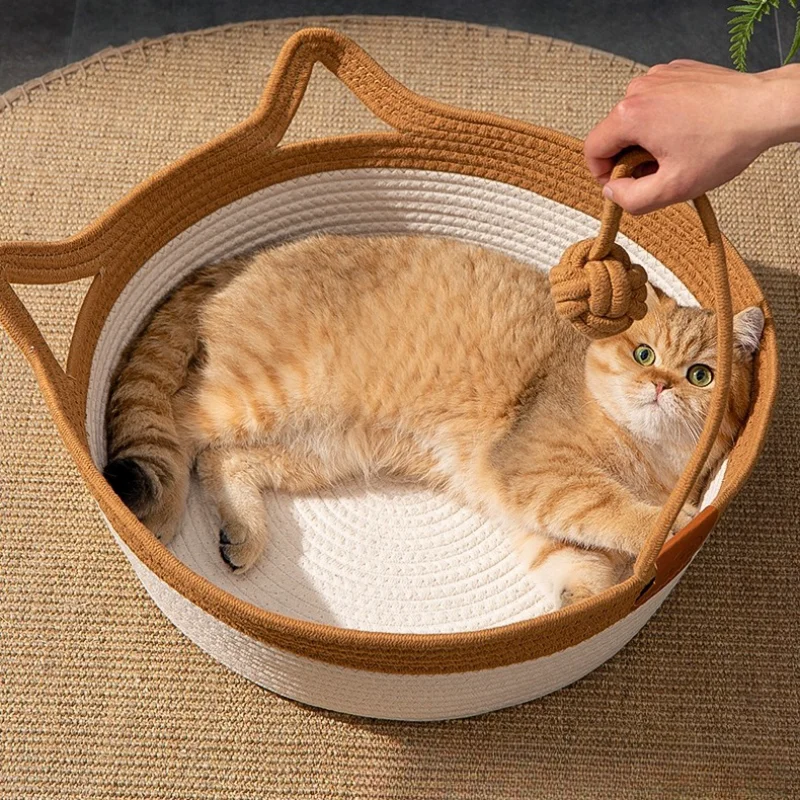 Pet Cat Mat Dog Bed Sofa Handmade Weaving Four Season Cozy Nest Baskets Waterproof Removable Cushion Sleeping House