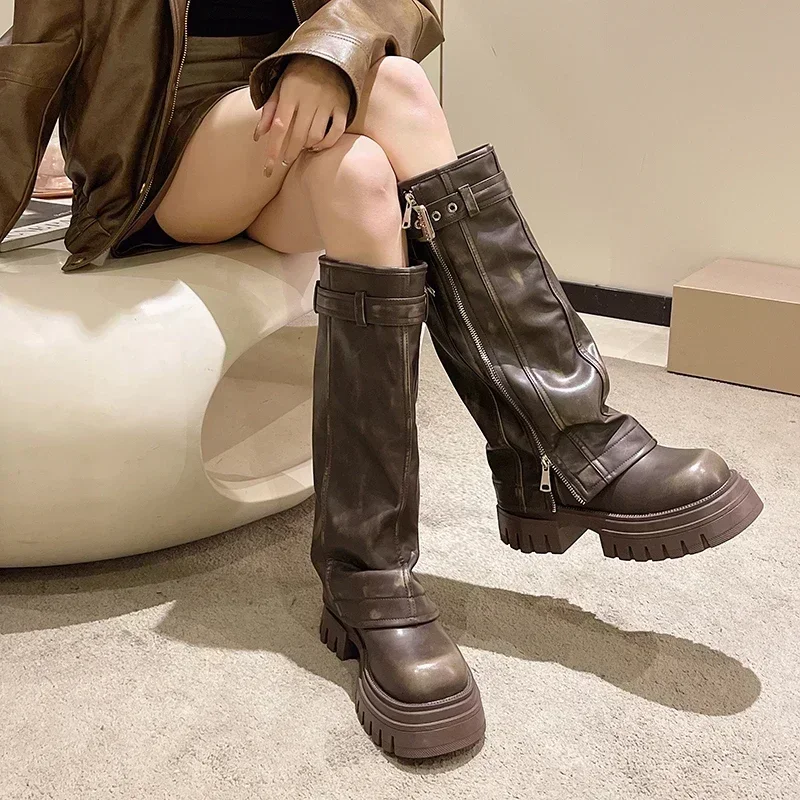 Top quality Women's Winter Fashion Rivet Color Blocking Side Zipper Thick High Heel Square Head Motorcycle Boots Catwalk Boots