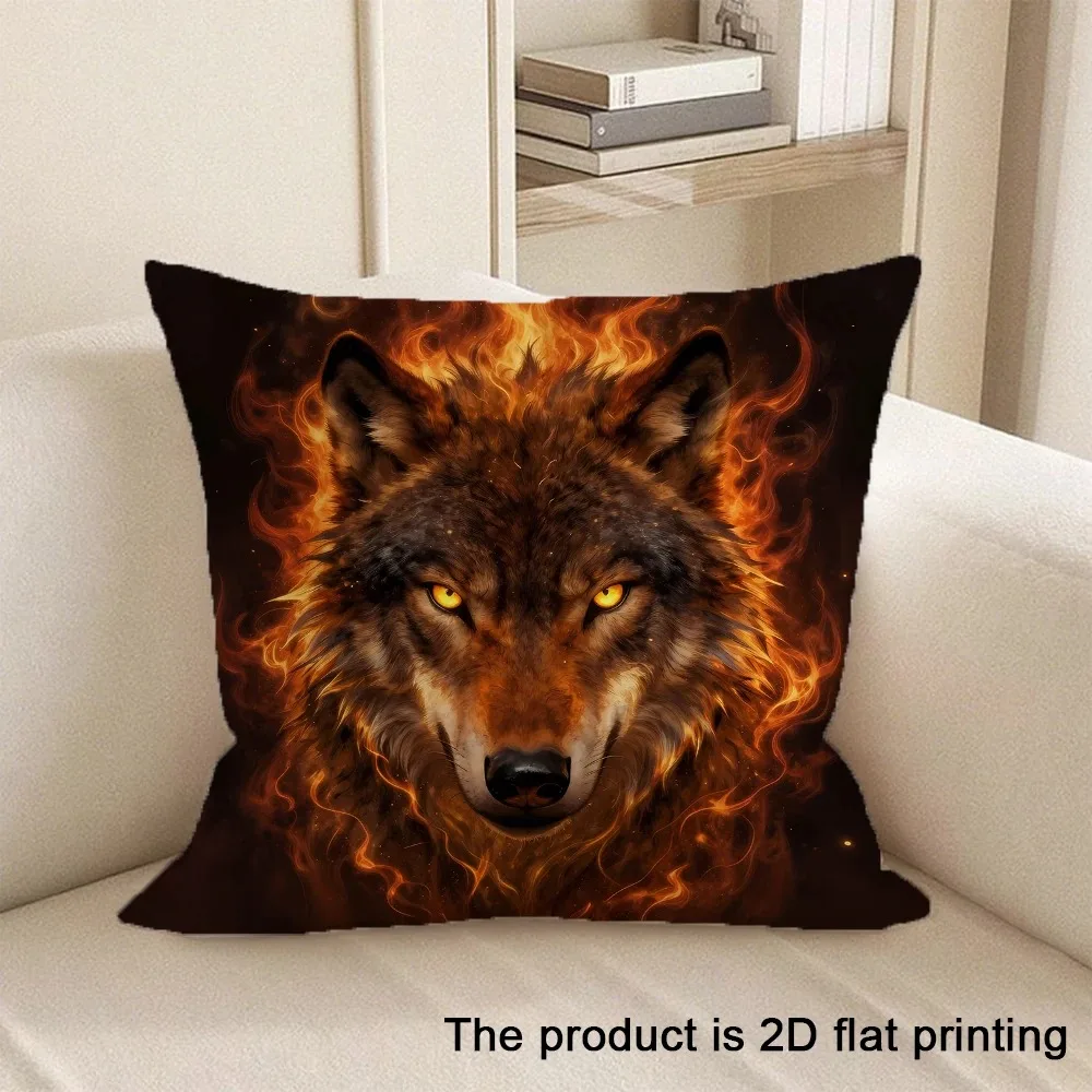 Fire Wolf Pillow Cover 2D Flat Printed Peach Skin Animal Cushion Case For Sofa Living Room Bedroom Home Decor Square