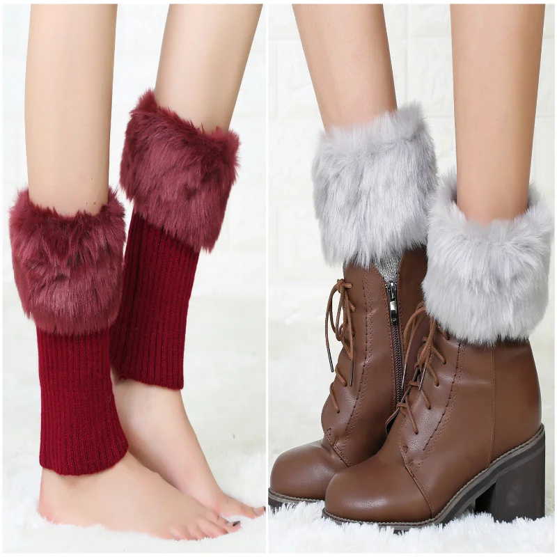 Women Girls Winter Warm Leg Warmers Female Knitted Long Socks Thicken Furry Solid Color Warm Leggings Boot Cuffs Topper Cover