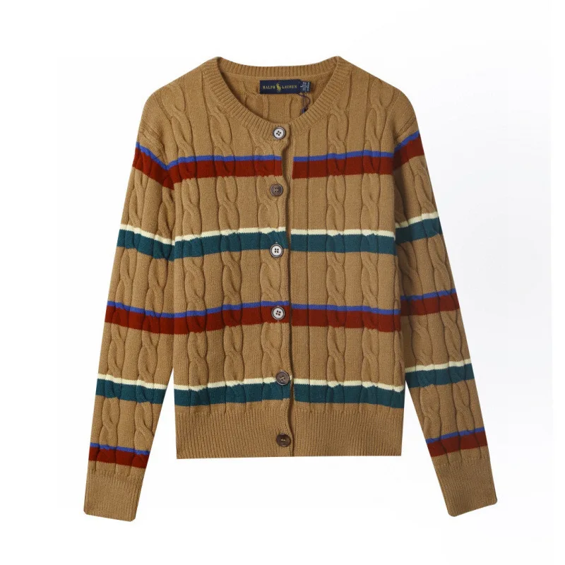 RL لورين قوس قزح مخطط محبوك سترة معطف المرأة الخريف الشتاء موضة خمر نمط كم طويل الخامس الرقبة سترة مفتوحة