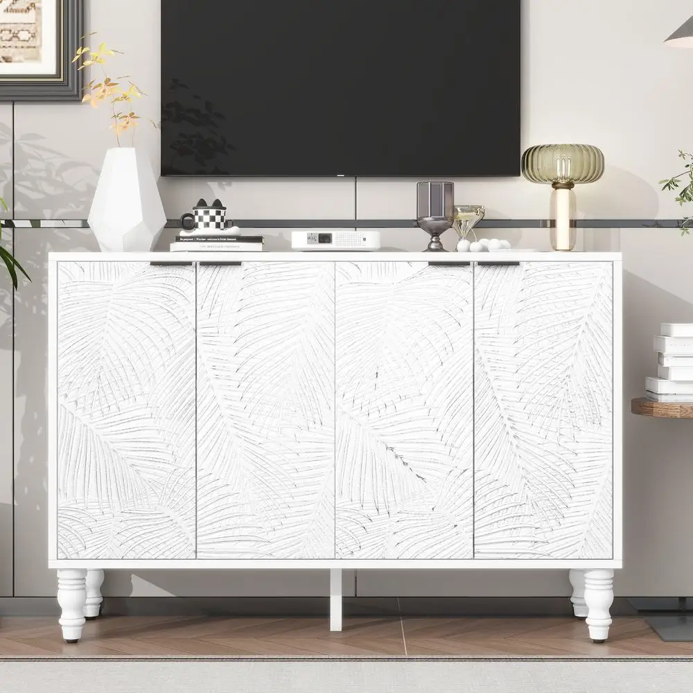 Modern TV Stand Media Console with Leaf Pattern Doors 47.2in Entertainment Center 2 Storage Cabinets Solid Wood Legs Living Room
