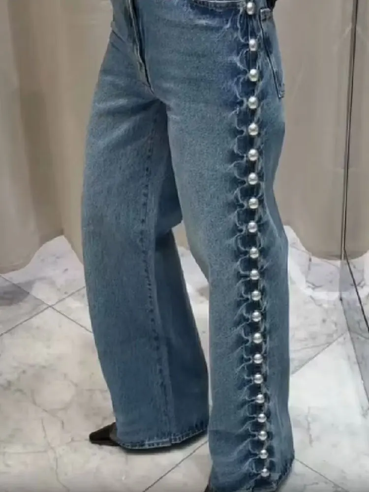 HH Street Fashion Straight With Metal Rivets High Waist Loose Wide-leg Jeans For Women Autumn Versatile Pants Vintage Bottom