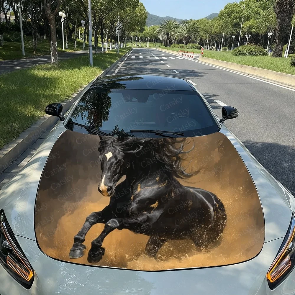Dynamic Black Horse Car Hood Sticker PVC Self Waterproof Stick, Striking Auto Exterior Accessories Decor Protect Gift for Lover