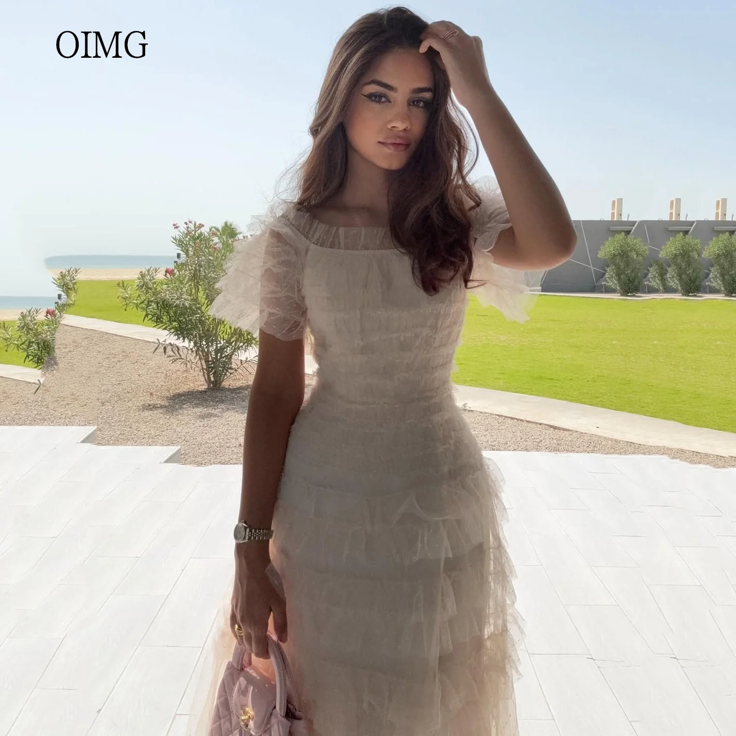 

OIMG Pastrol Tiered A-line Prom Gowns Off The Shoulder Party Gown Tea Length Evening Dress vestidos de gala Customized