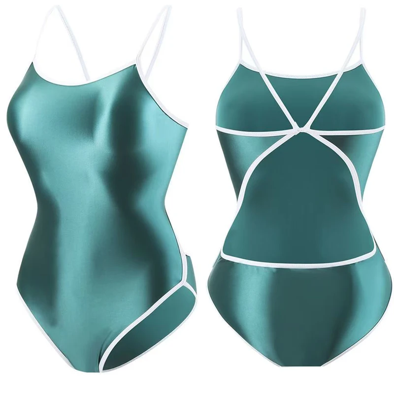 Sexy glossy women tight Japanese one-piece swimsuit yoga fitness plus size swimming transparent bodysuit surfing