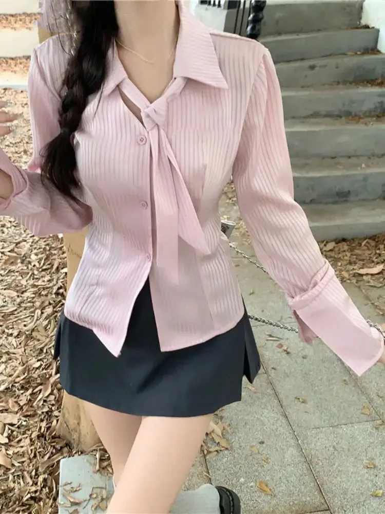 

Spring New Striped Lace Up Shirts Women Korean Chic Slim Fit Waist Long Sleeve Blouses Simple Y2k Spicy Girl Crop Top