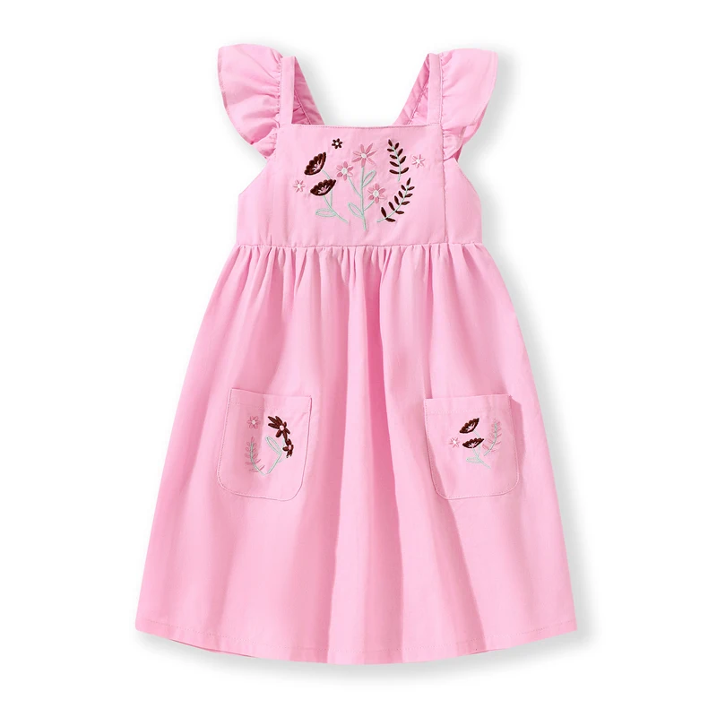 Little maven Girls Pocket Dresses Children Girls Sleeveless Dresses Floral Appliques Kids Party Dresses for Kids Clothes Pink