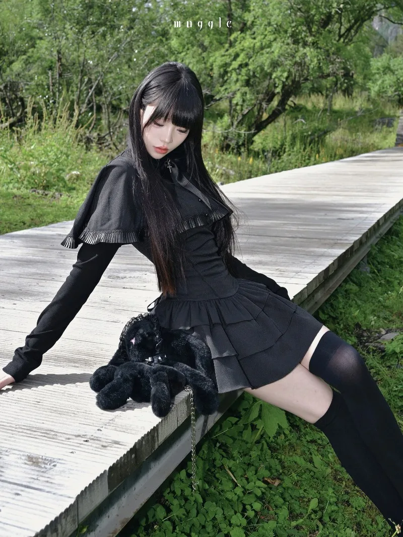 Francuski styl, nowy projekt, peleryna, retro, słodkie, eleganckie sukienki, jesienne, eleganckie, z niskim stanem, koronkowe, bufiaste, krótkie sukienki damskie, ubrania Y2k