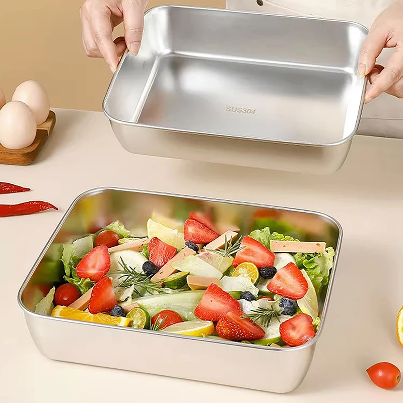 Stainless Steel Square Plate With Lid Rectangular Food Storage Pan Commercial Dish Tray Large Refreshing Lunch Box Container