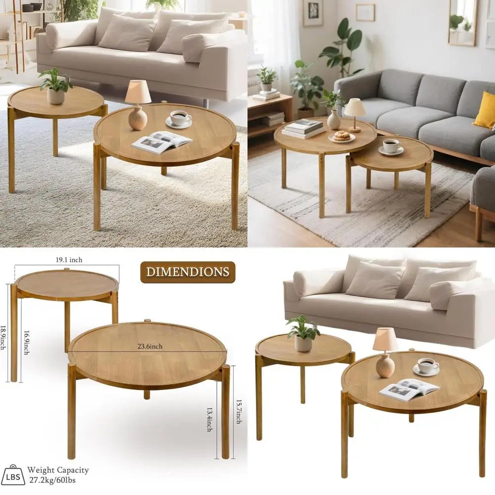 リビング、寝室、バルコニー用の無垢材の丸いネストテーブルのペア