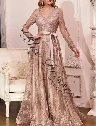 Abito a maniche lunghe personalizzato 2025 Abiti da sera sexy con scollo a V profondo Elegante applique A-Line Abiti lunghi fino al pavimento Abiti da sposa