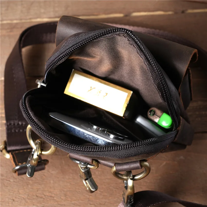 1100 Men's Crazy Horse Skin, Genuine Leather, Cowhide Waist Bag, Retro Leisure Hanging Bag, Outdoor Small Bag
