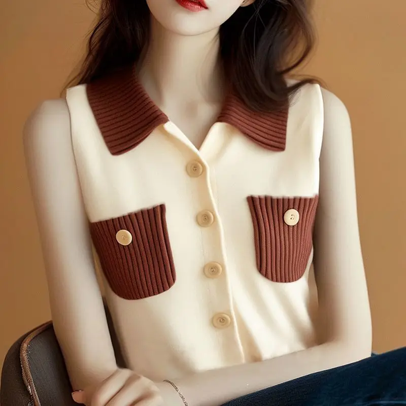 2025 Estate Nuovo stile coreano Gilet senza maniche Chic Ins Pendolari Splicing Canotta da donna lavorata a maglia allentata in colore a contrasto