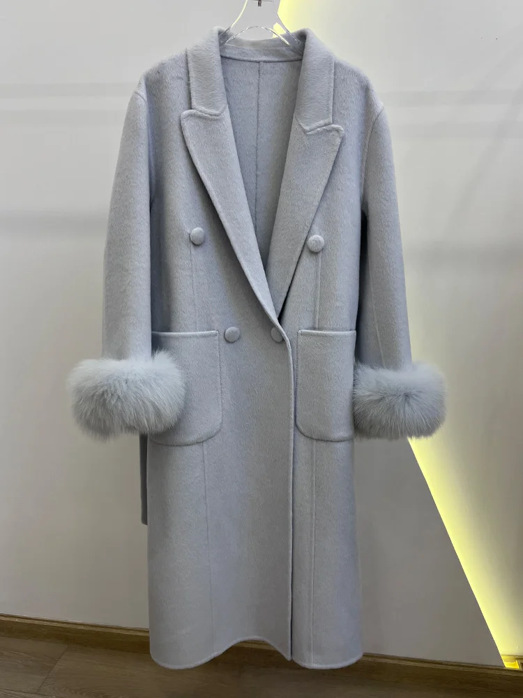 Damski długi, gruby, ciepły płaszcz zimowy z wełny z naturalnym futrem z lisa na mankietach, luksusowa kurtka wierzchnia w stylu streetwear, 2025