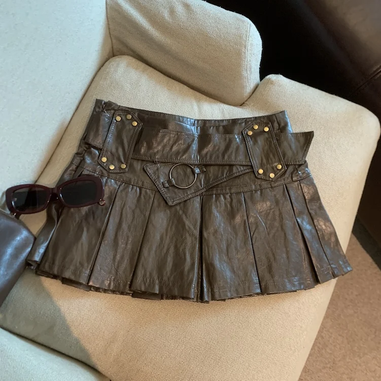 Retro Women Red Pu Leather Sexy Club Versatile College Style Slim Short Skirt Autumn Winter Coffee Colored Pleated Mini Skirts