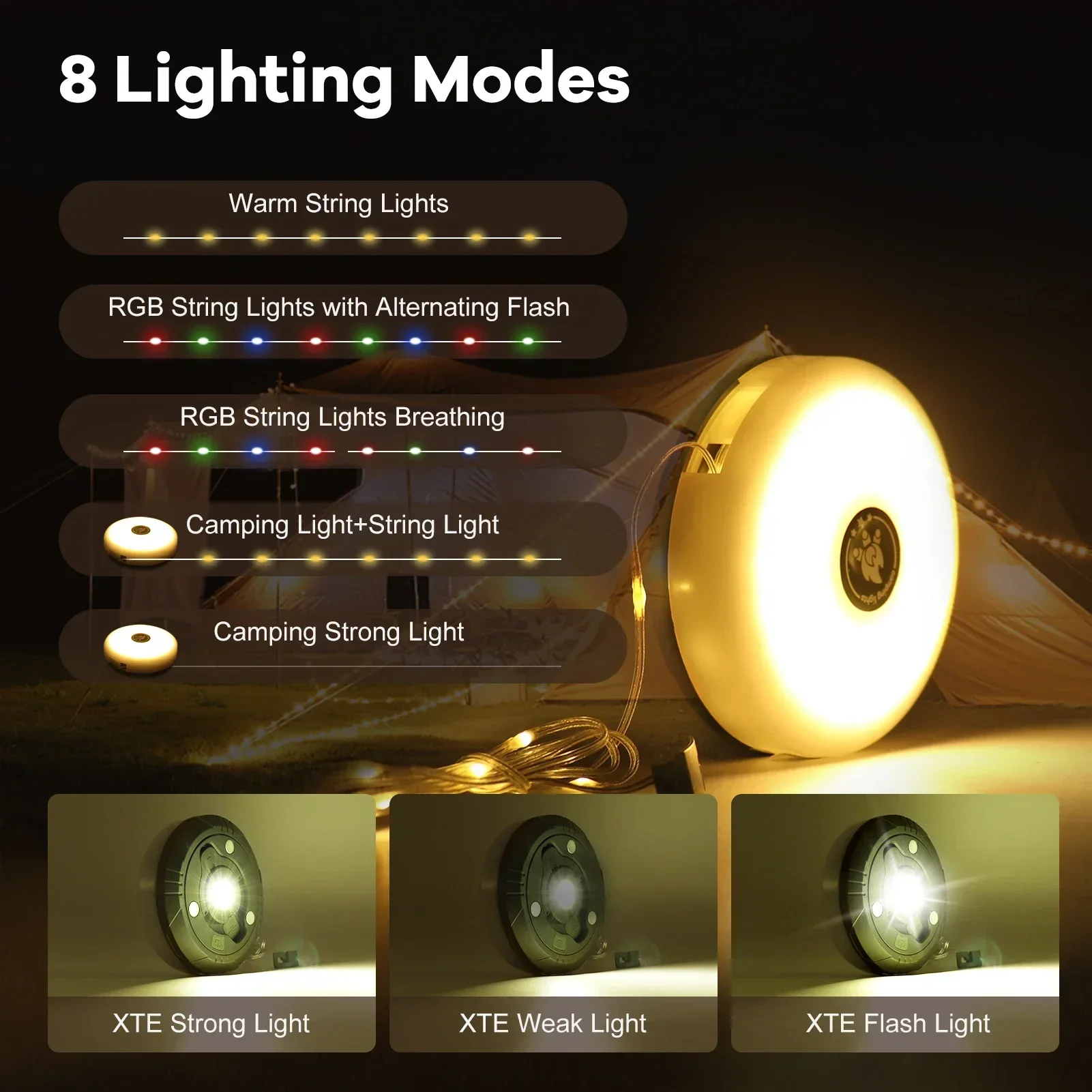 10M Camping String Light 4-in-1 Tent Light Rechargeable RGB&Warm Light 8 Mode Outdoor/Indoor Hanging LED Fairy Light for Camping