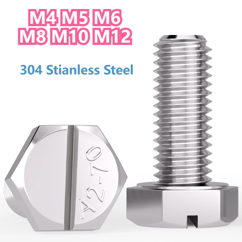 M4-M12 304 Stainless Steel Slotted External Hexagonal Bolt Single Slot Outer Hex Head Machine Screws 10Pcs/Pack
