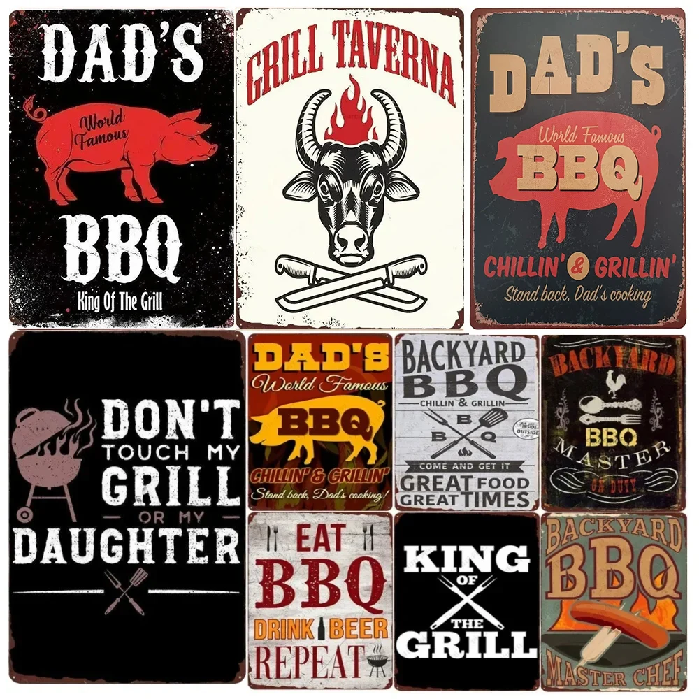 Backyard BBQ Sign Vintage Grill King Metal Sign Bar Pub Garden Decor Dad's BBQ Wall Plate Retro Plaque 8x12 Inch