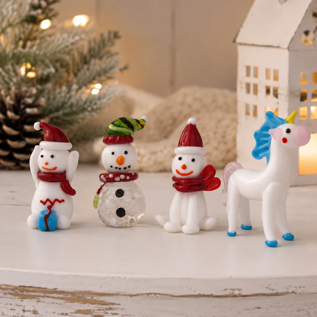 Handmade Art Glass Christmas Figurines, Snowman and Unicorn Mini Ornaments, Holiday Tabletop Decor, Collectible Gift
