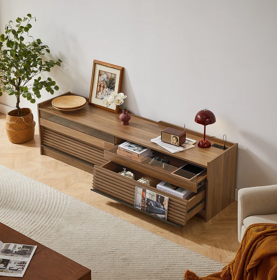 #Modern Living Room TV Stand Ample Storage 4 Drawer Design Tempered Glass Built-in Charging