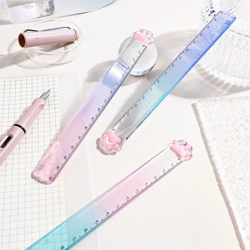 2 Pieces Cat Paw Ruler Cartoon Drawing Ruler Plastic Measuring Ruler Multifunctional Drawing Ruler Gift for Student Kid