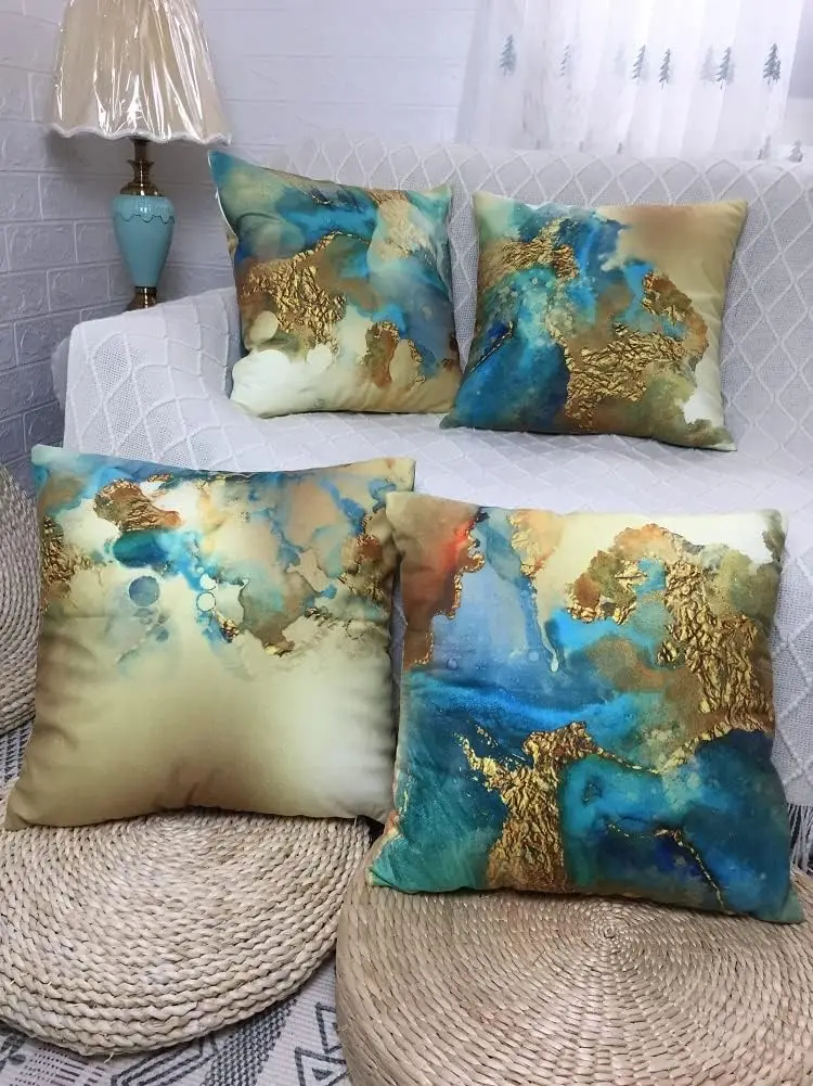 Green Gold Pillowcase Printed Soft Short Plush 45x 45cm Decorative Sofa Pillowcase Square Cushion Cover for Living Room Bed Sofa