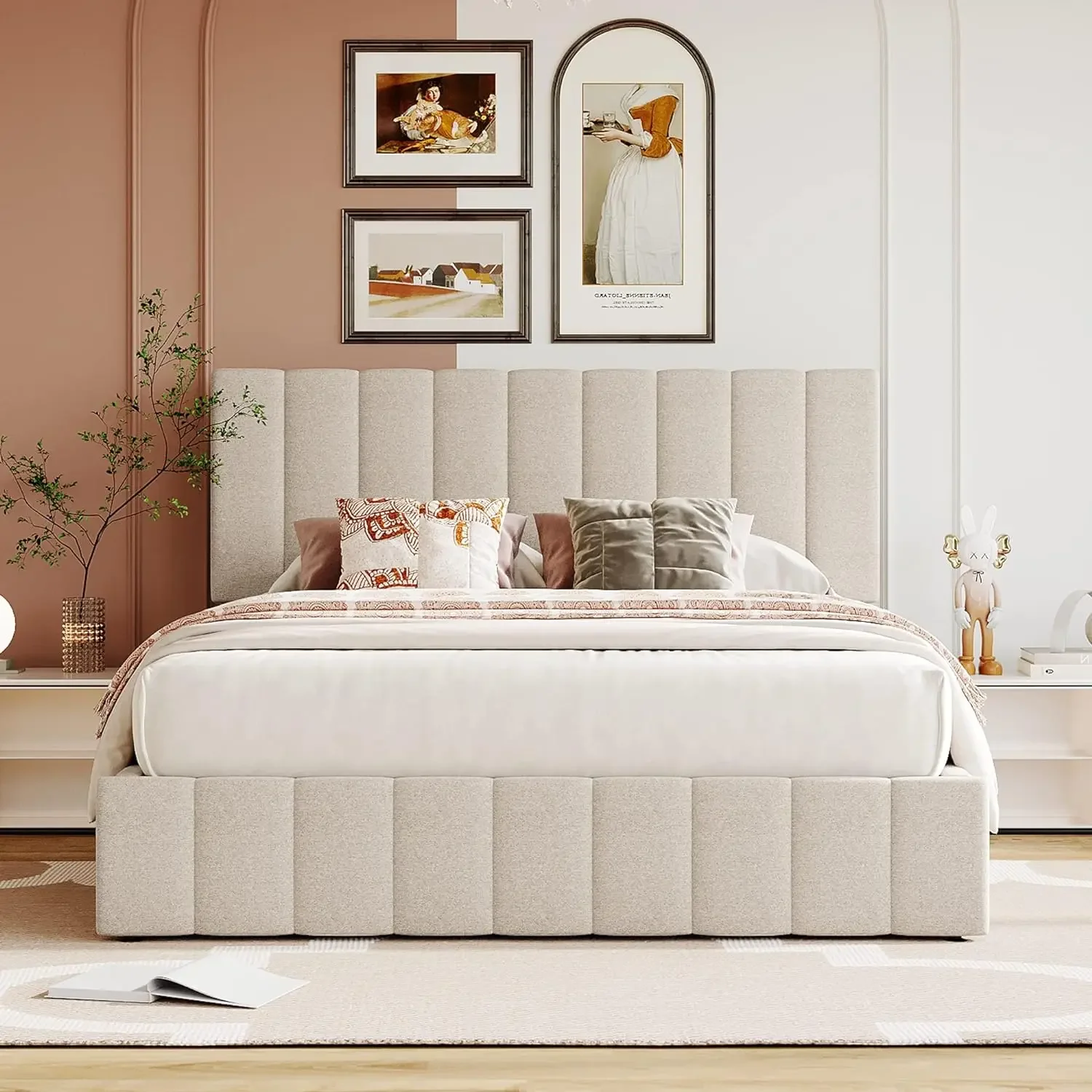 

Lift Up Storage Platform Bed Frame Upholstered beds with Tufted Headboard Wooden Slat Support and Under Bed Storage