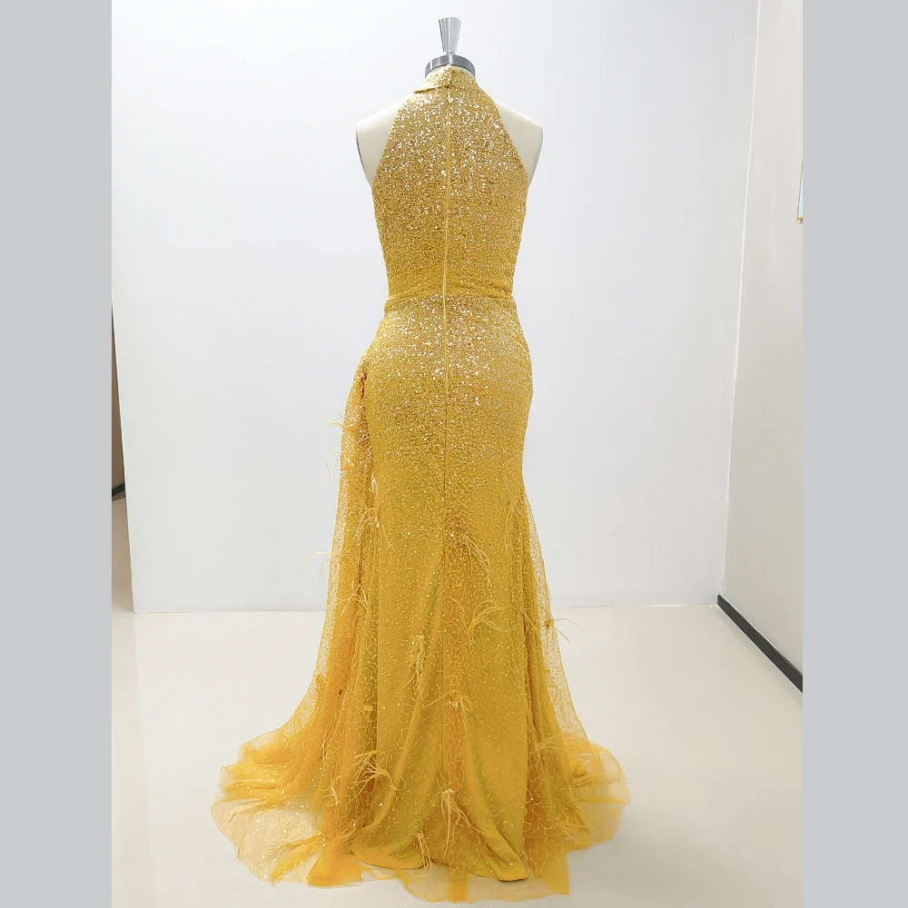 Simple Yellow Halter Sleeveless A-Line Evening Dress With Feather New Fashion Female Floor Length Party Prom Gowns