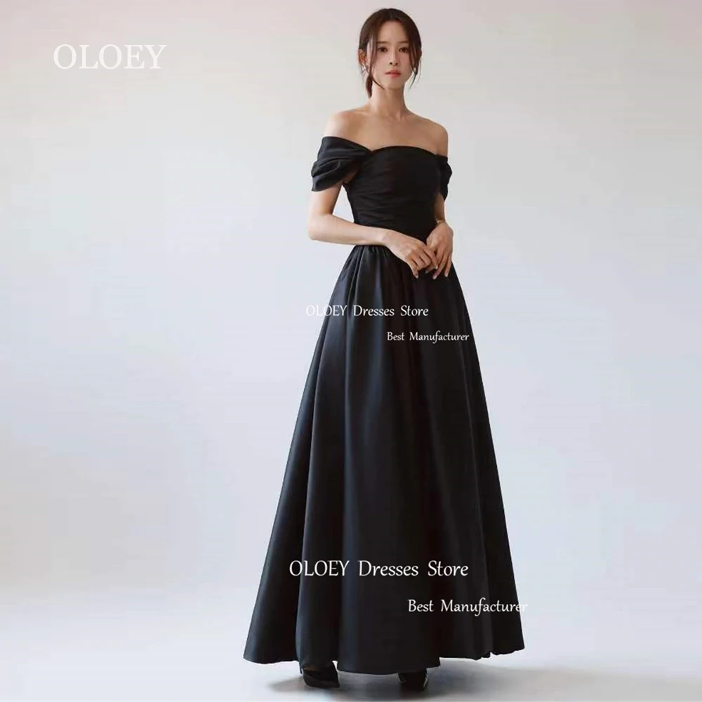 OLOEY Simple Black Off Shoulder A Line Wedding Dress Korea Photoshoot Pleats Satin Floor Length Bridal Gown Custom Prom Gown