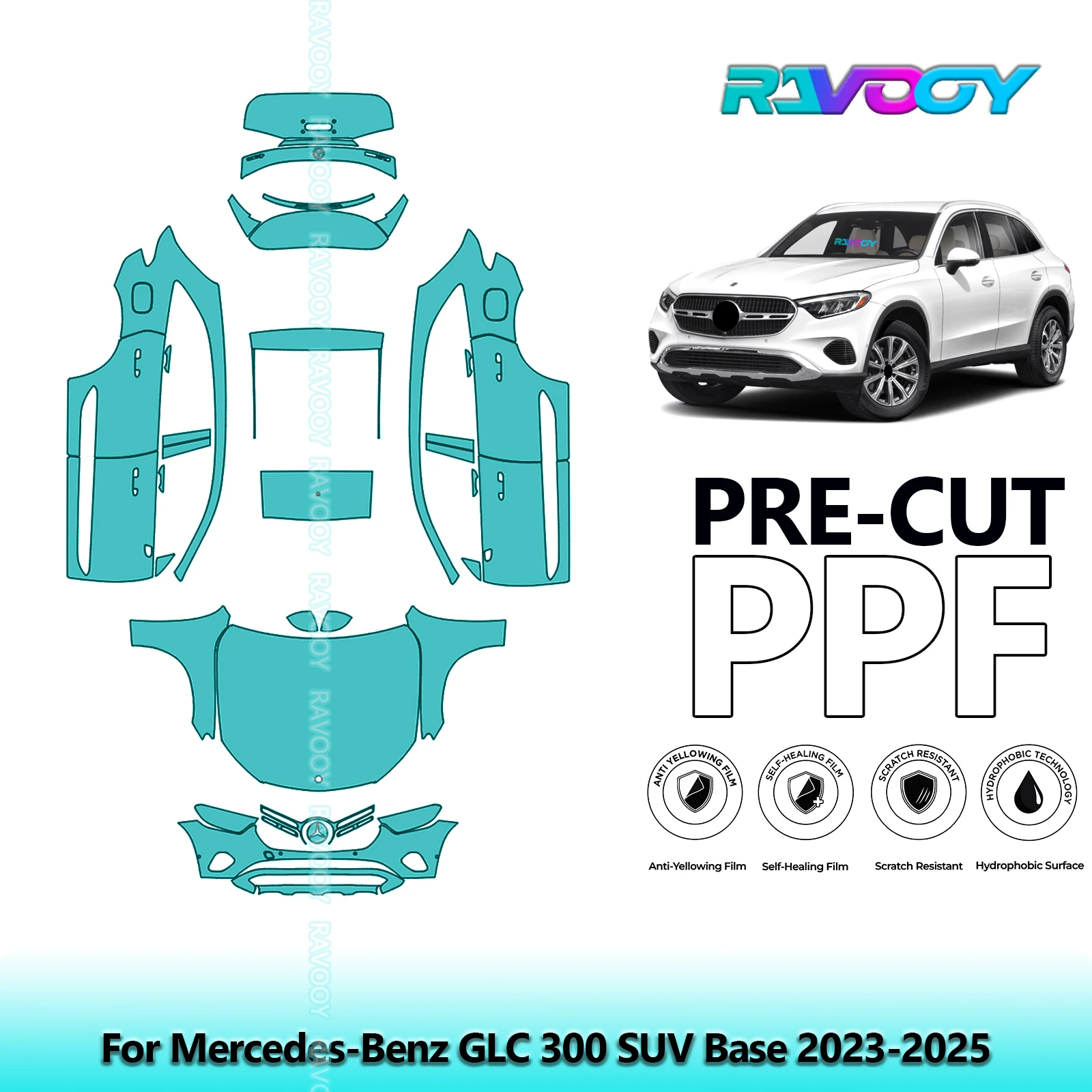 RAVOOY Custom-Fit Precut TPU PPF Full Vehicle Clear Bra Stone Guard EU UK For Mercedes-Benz GLC 300 SUV Base 2023-2025