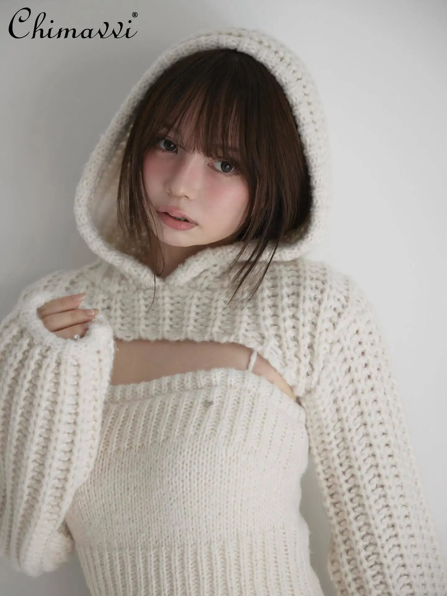 일본 스타일 패션 숄 후드 탑 스트랩 슬림핏 바디콘 니트 드레스 겨울 신상 우아한 여성 투피스 세트