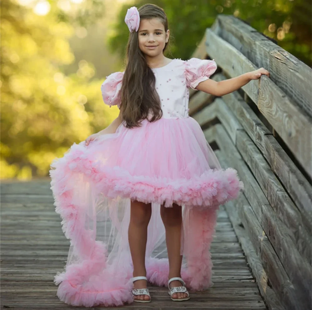 

Luxury O Neck Luxury Beading Short Sleeve A Line Flower Girl Dress Knee Length Sweep Train First Communion Dress Customized