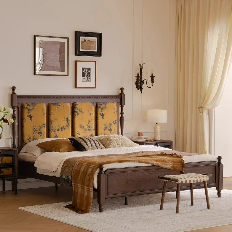 

French retro solid wood double bed 1 meter 8 double bed master bedroom medium antique fragrant cloud yarn soft bag bed