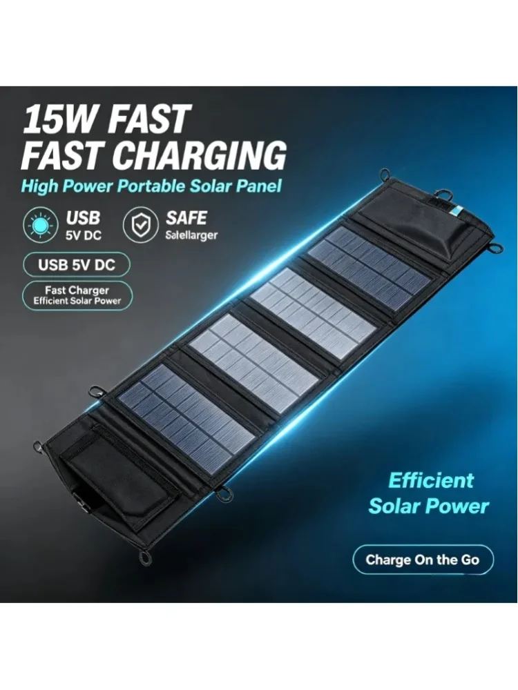 Leistungsstarkes 15W 6-fach Solarpanel-Ladegerät, tragbar, USB 5V DC Ausgang, mobile Stromquelle für Reisen, Camping und Outdoor-Aktivitäten.