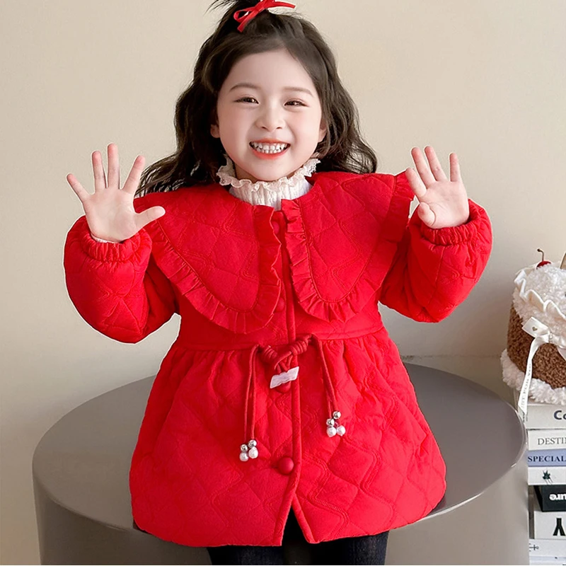 

Baby Girls' Red Christmas Cotton Coat Mid-length Winter Fashion Kids Big Turn Down Collar Thickened Cotton-padded Outerwear