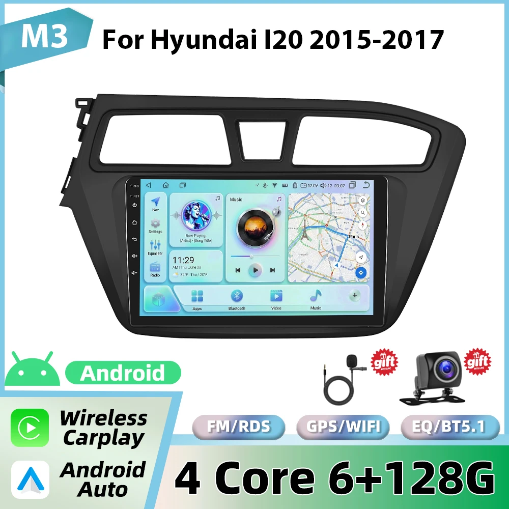 Podofo draadloze CarPlay voor Apple voor Hyundai I20 2015-2017 Android Auto autoradio GPS FM/RDS stereo WiFi BT multimediasysteem