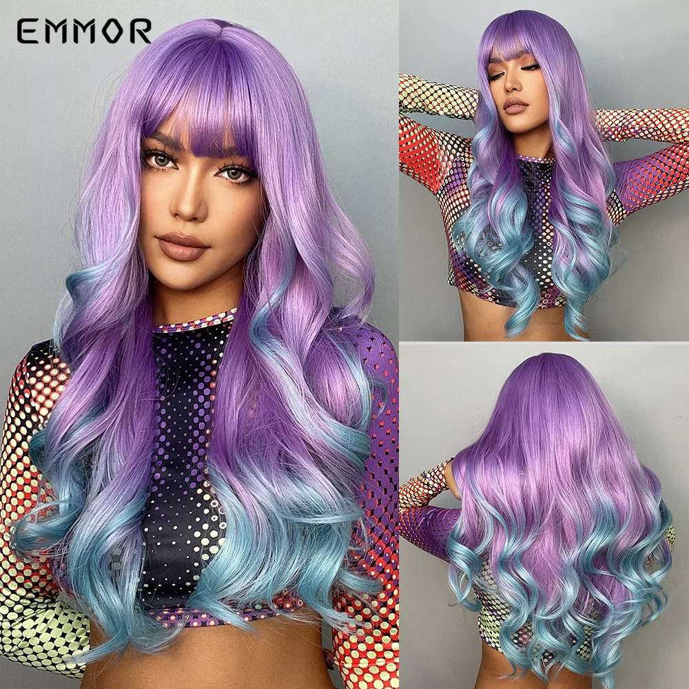 Blonde Emmor Synthetic Long Wavy Wig Ombre Purple to Blue For WOMEN Cosplay halloween Wigs Heat Resistant Fiber Bangs Hair